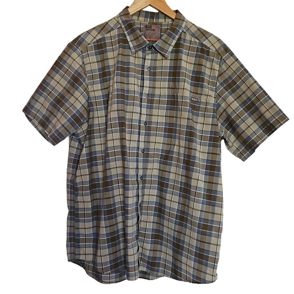 5.11 Tactical Snap Front Short Sleeve Shirt Green Blue Plaid Large